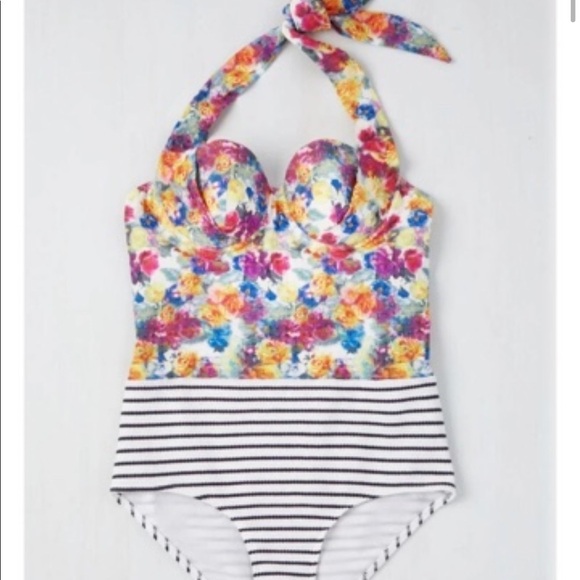 ModCloth One Piece Halter Floral Striped Swimsuit - Picture 1 of 3